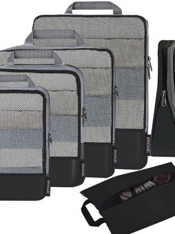 BAGAIL 4 Set/6 Set/8 Set Compression Packing Cubes Travel Accessories Expandable Packing Organizers (Half Mesh, 6-Black)